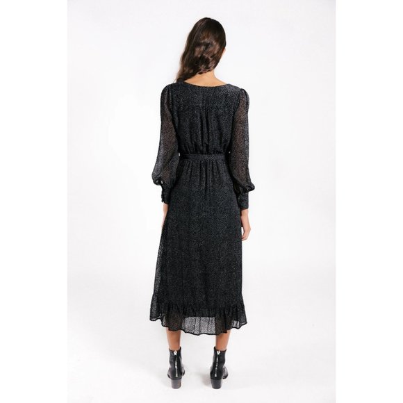 LENON Black Stone Dots Burnout Velvet Surplice Midi 'Rose' Dress sz M Women's - Picture 2 of 13